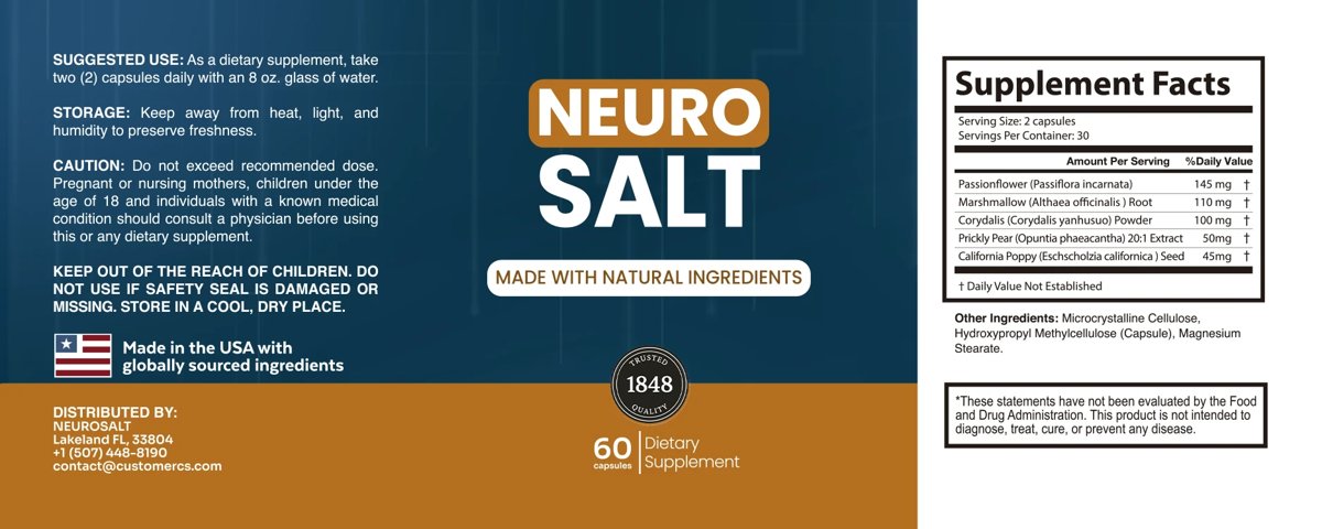 The full printed label of a NeuroSalt bottle showing suggested use and the supplement facts panel