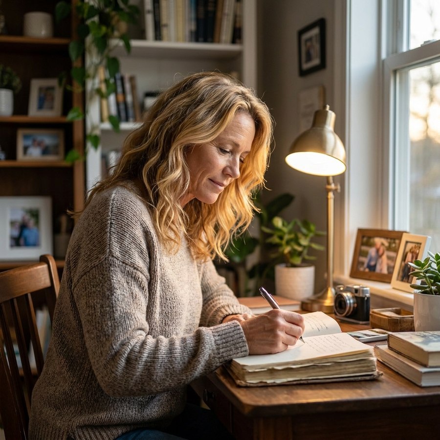 Denise writing at her desk