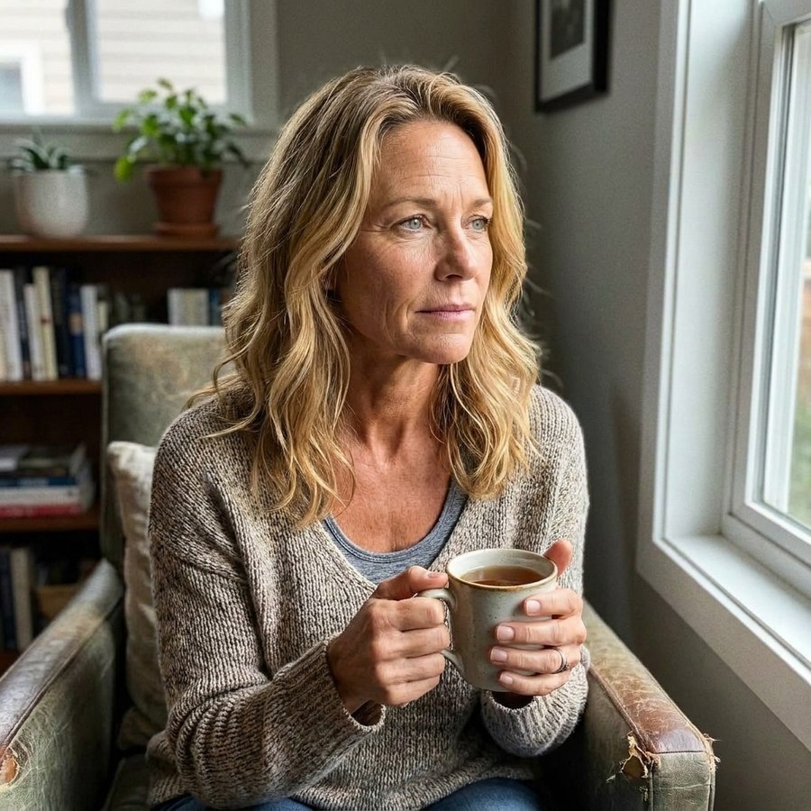 Denise Hollis at her window with a cup of coffee