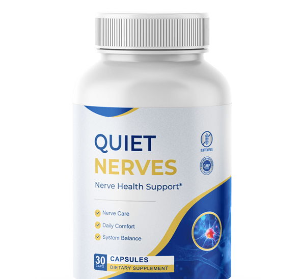 A bottle of Quiet Nerves nerve health support capsules